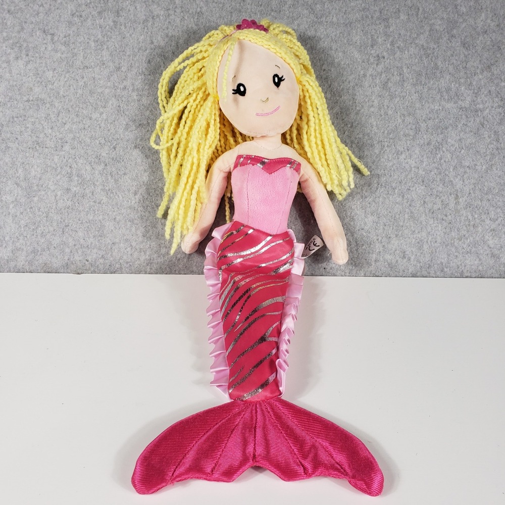 The Petting Zoo Girls Mermaid Plush Doll 17" Pink Silver Stripe Blonde Yarn Hair